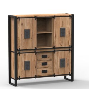 Industrial Acacia Wood Highboard with Sliding Doors